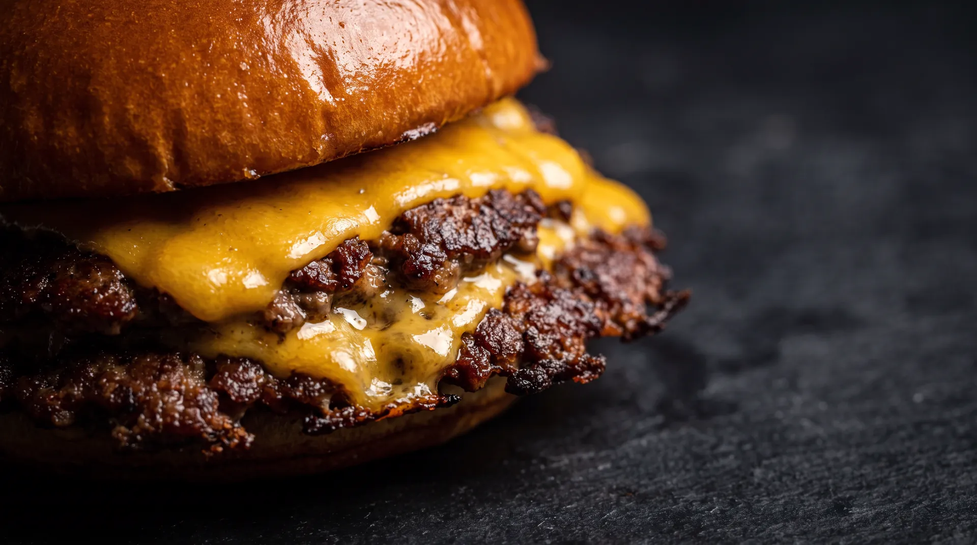 Macro close-up of cheddar melting down the side of two crusted smash patties.