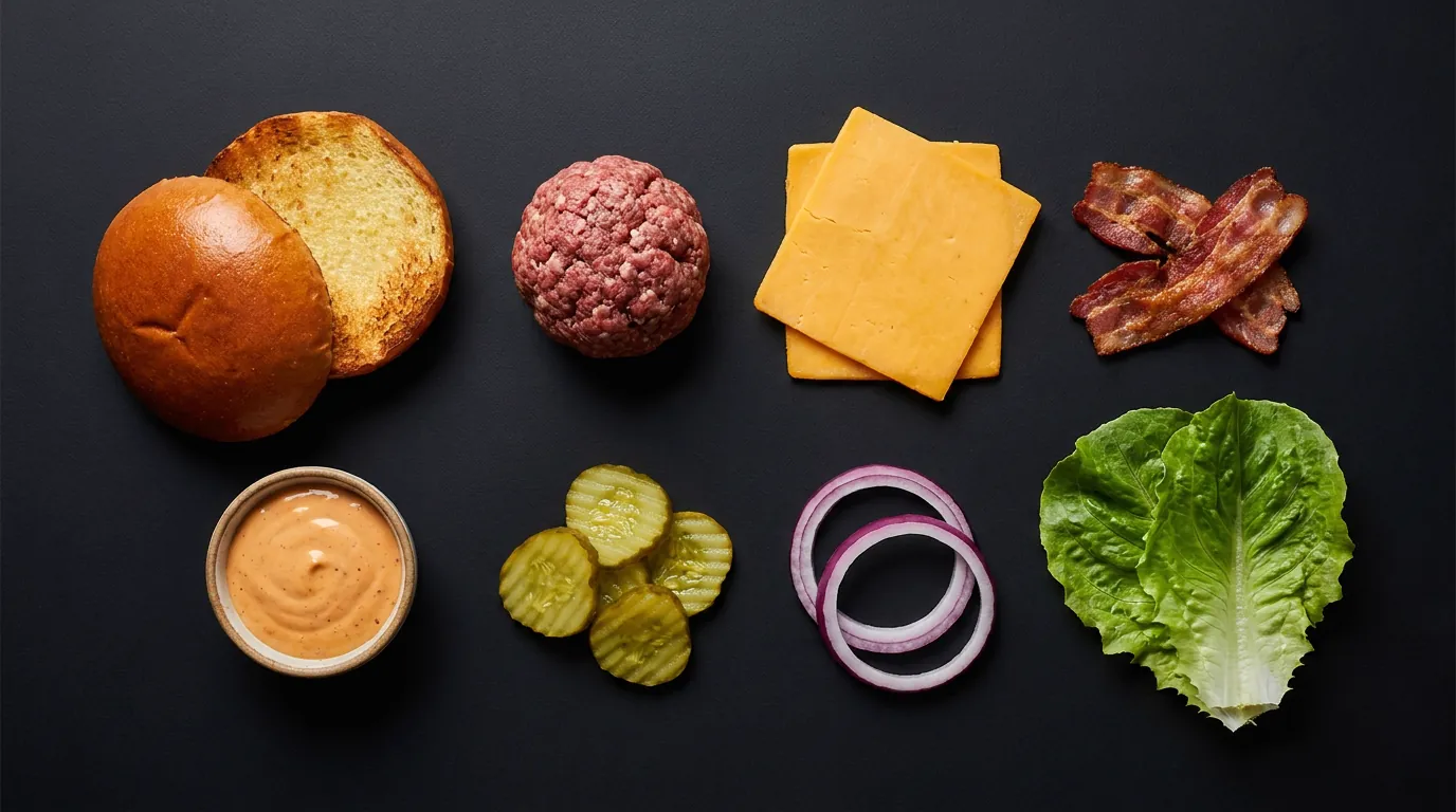 The raw ingredients laid out on slate: a brioche bun, a ball of ground beef, cheddar slices, bacon, house sauce, pickles, red onion rings and a lettuce leaf.