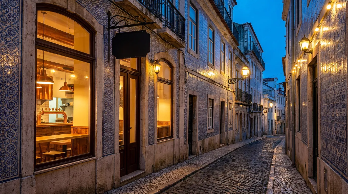 The restaurant's lit window on a narrow cobblestone street in Bairro Alto at dusk, tiled facades on both sides.