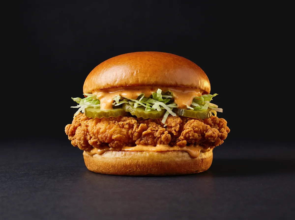 The Crispy Chicken burger: a craggy fried chicken thigh with shredded lettuce, pickles and sauce.
