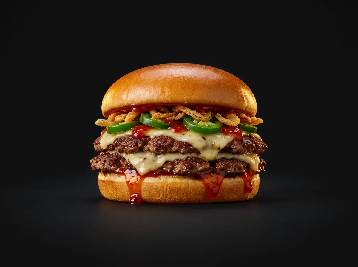 The Inferno burger: double patty with jalapeño slices, crispy shallots and a red chilli glaze dripping down.