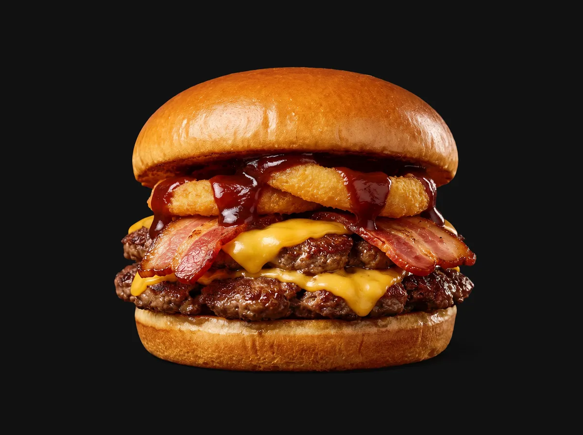 The Smokehouse burger: double patty, bacon and a thick onion ring glazed with barbecue sauce.