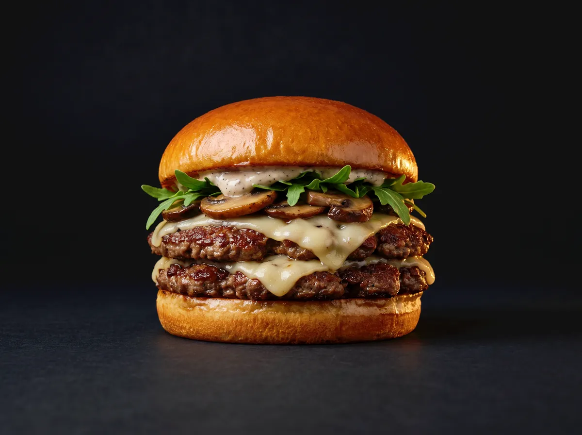 The Truffle burger: double patty under melted white cheese, roasted mushrooms and rocket.