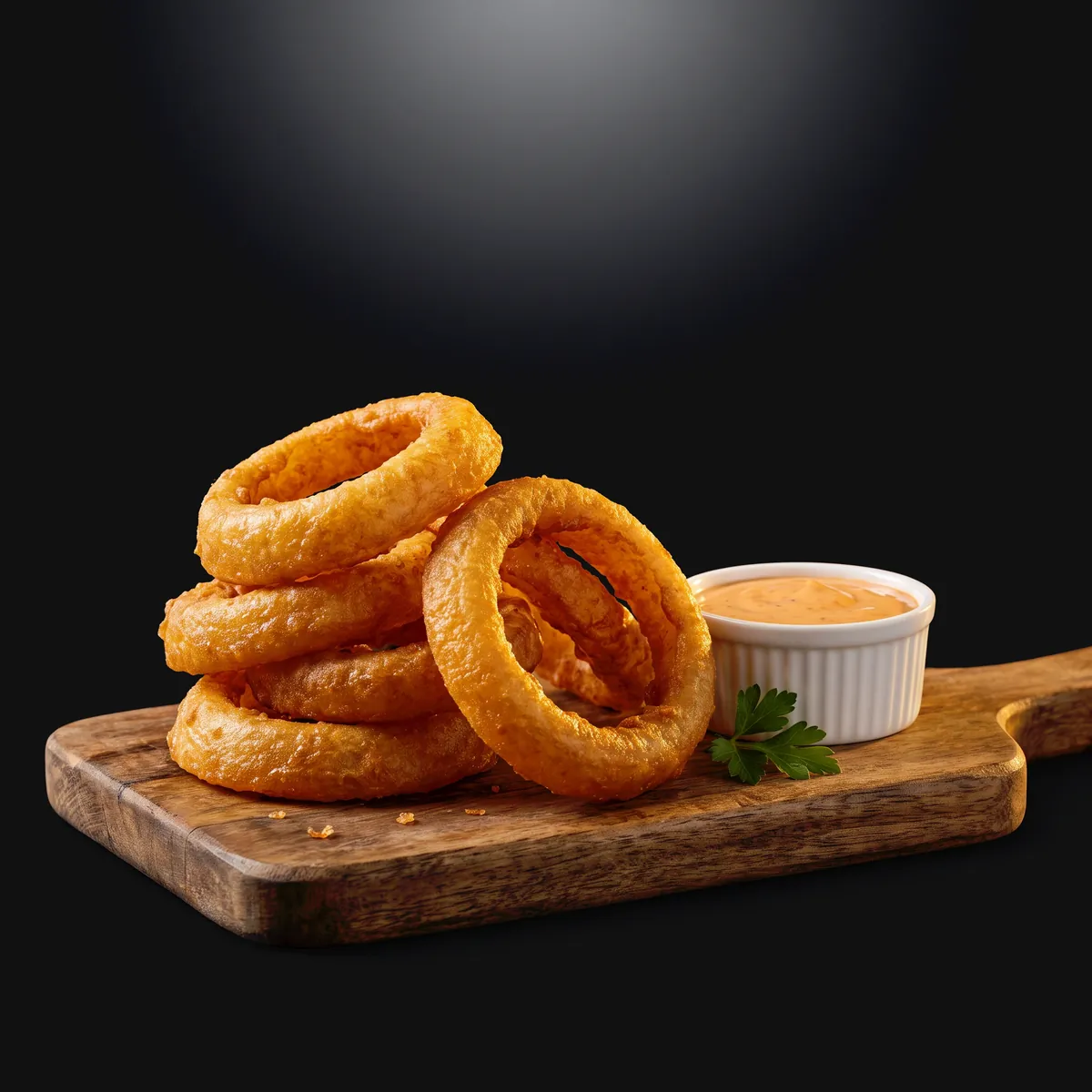 A stack of golden onion rings on a wooden board with a pot of paprika dip.