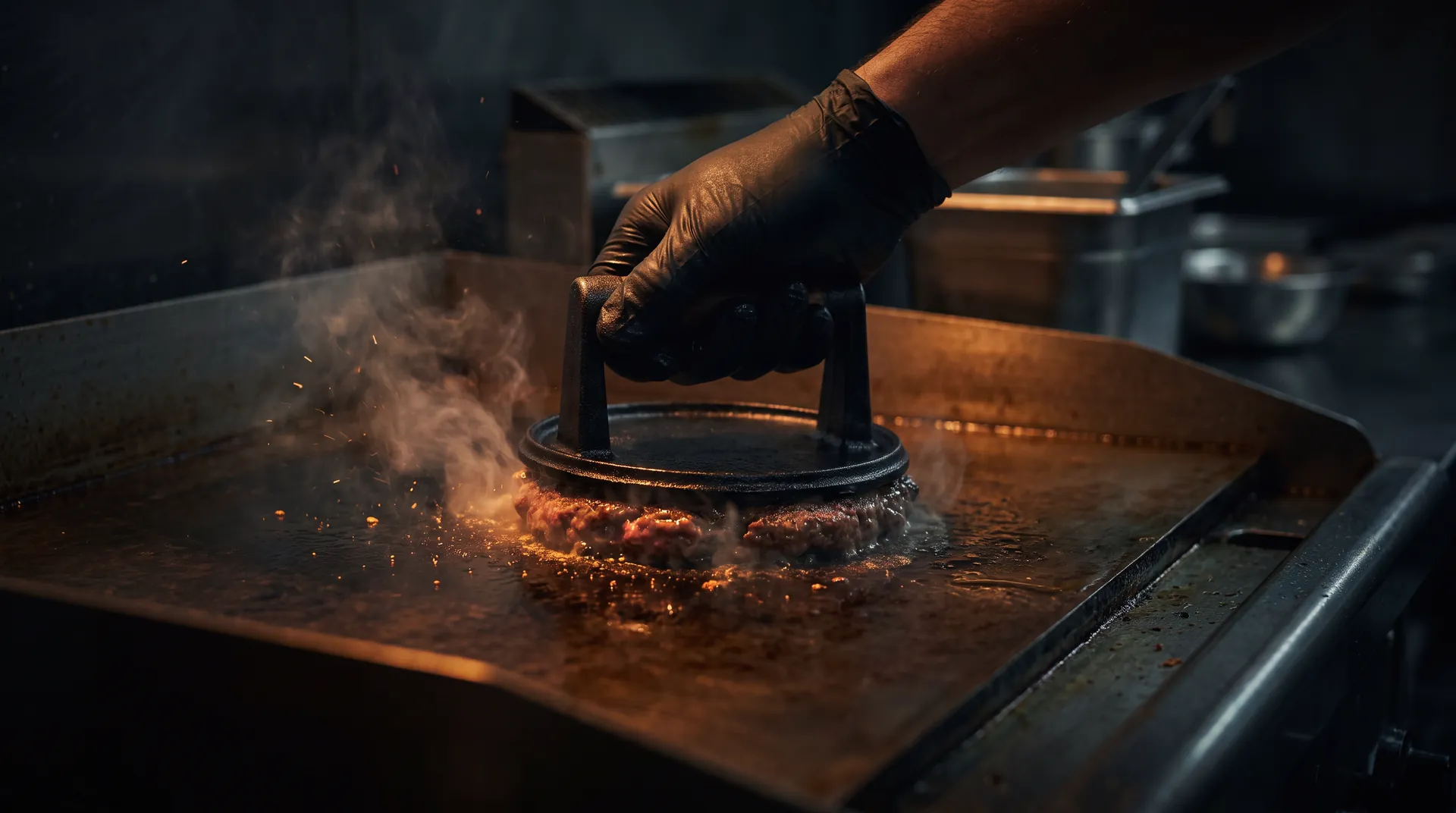 A gloved hand pressing a ball of beef flat onto a smoking steel griddle.