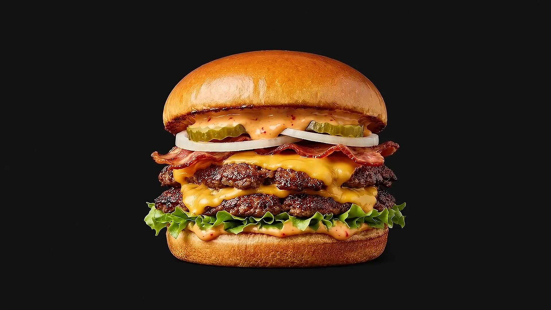 A double smash burger, fully assembled: toasted brioche, pickles, onion, bacon, two patties under melted cheddar, lettuce.